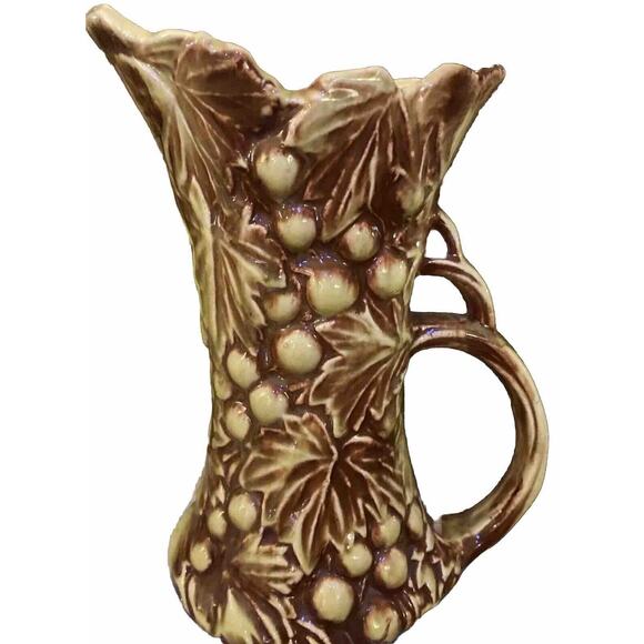 70s McCoy Vase/Pitcher, Grape Pattern Triple Handle Brown Green Retro SET - Picture 2 of 11